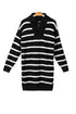 Striped O-Ring Zip Front Collared Drop Shoulder Long Sleeve Sweater Dress